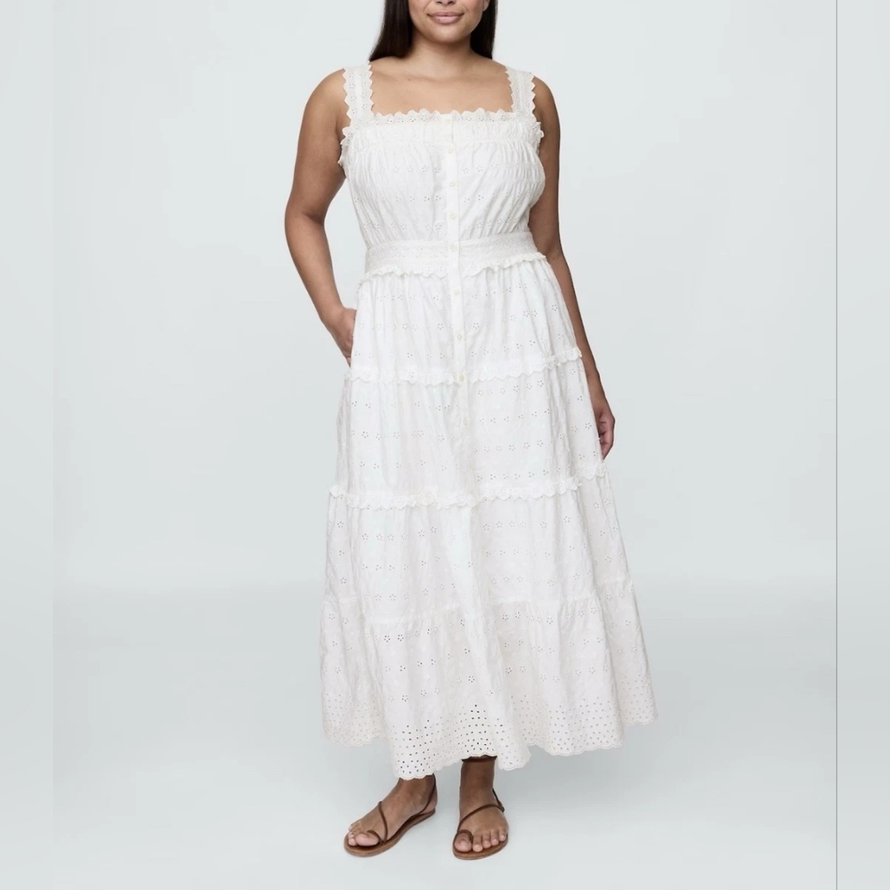 NWT Gap X Doen Eyelet Tiered Midi Dress in White, Size L - Picture 2 of 7